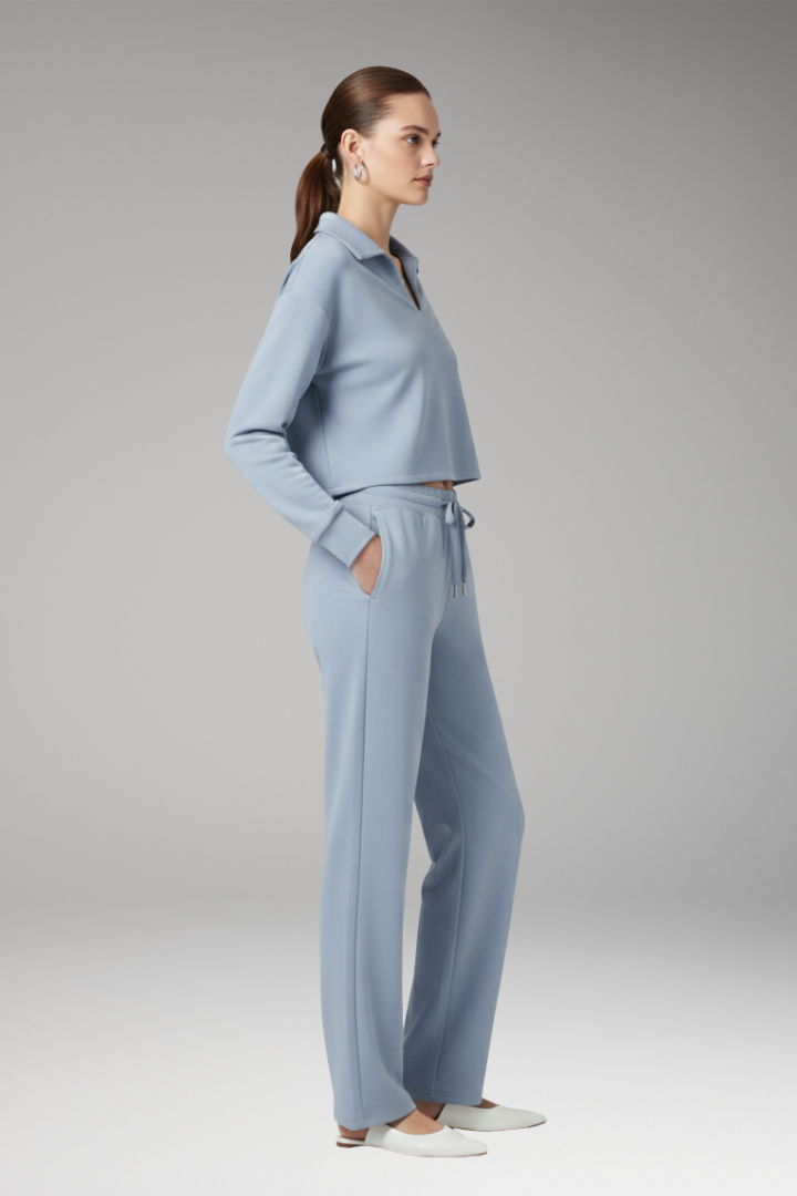 Women's Two-Piece Set with V-Neck Top and Straight-Leg Pants