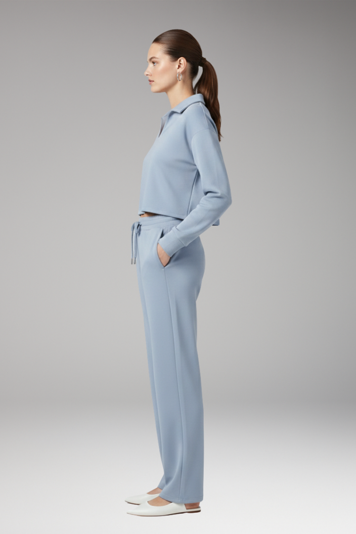 Women's Two-Piece Set with V-Neck Top and Straight-Leg Pants