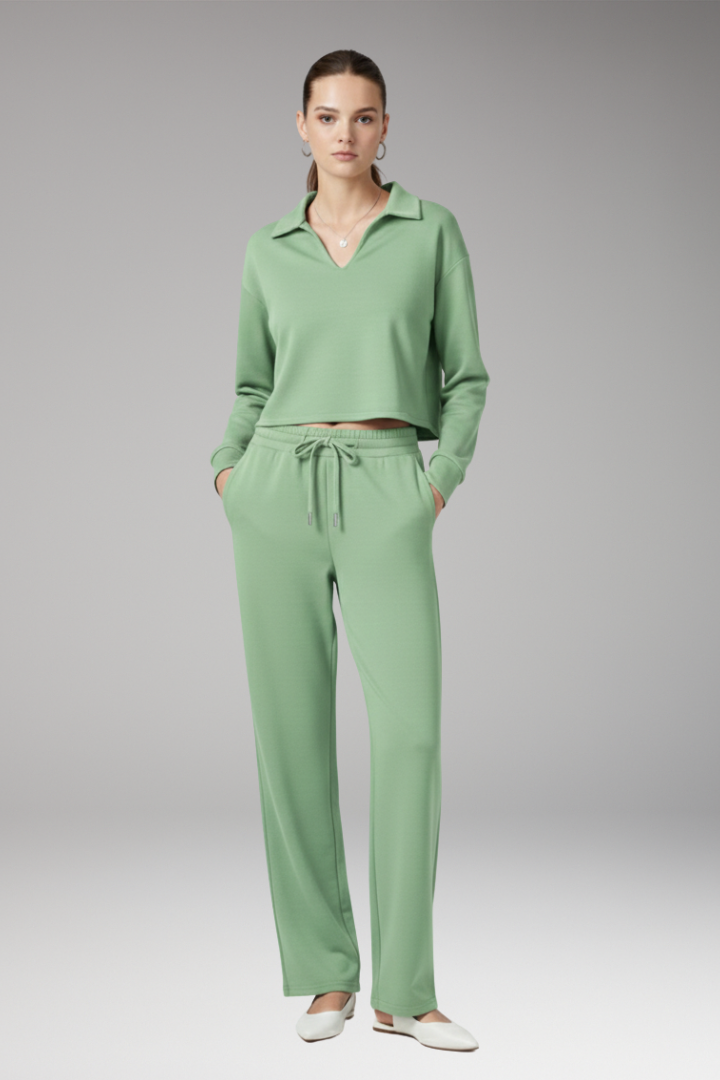 Women's Two-Piece Set with V-Neck Top and Straight-Leg Pants
