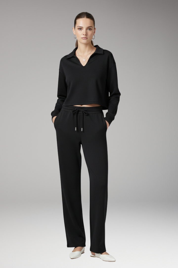 Women's Two-Piece Set with V-Neck Top and Straight-Leg Pants