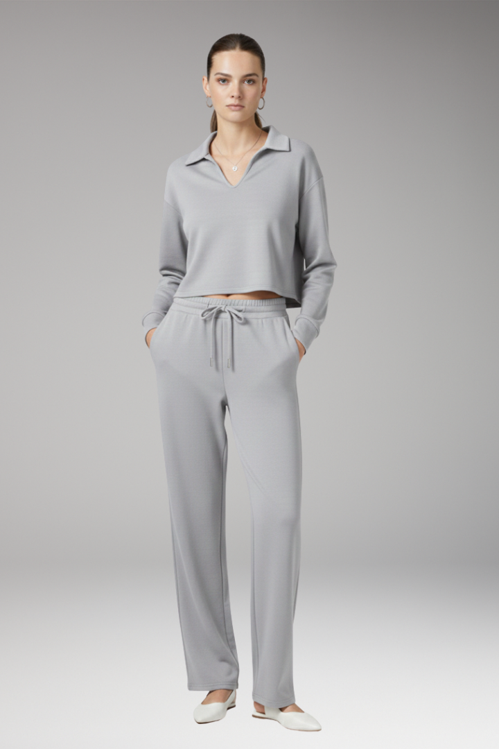 Women's Two-Piece Set with V-Neck Top and Straight-Leg Pants