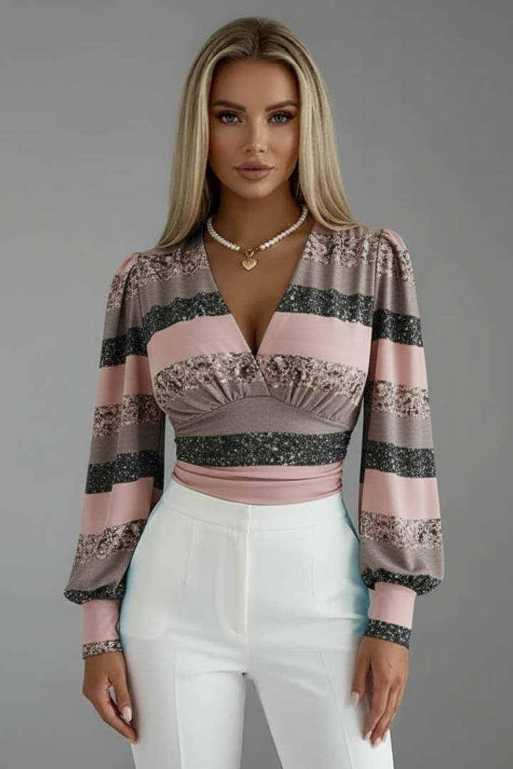 Women's V-Neck Blouse with Ruched Waist and Long Sleeves