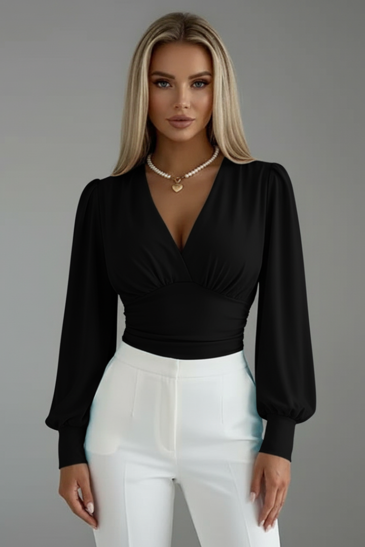Women's V-Neck Blouse with Ruched Waist and Long Sleeves