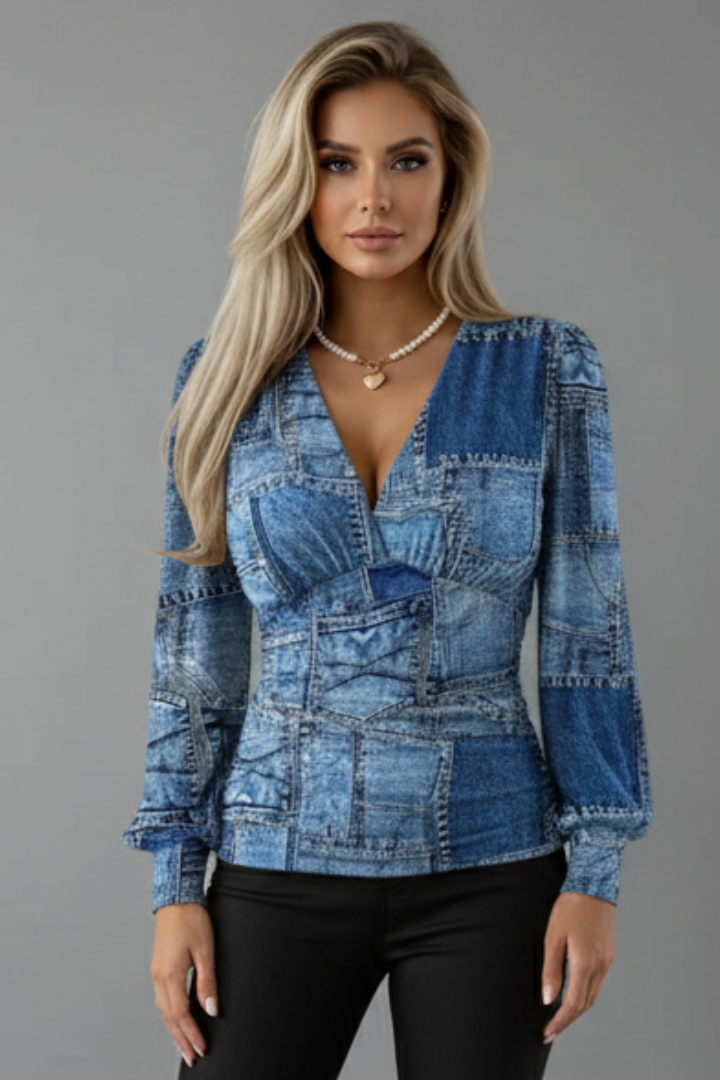 Women's V-Neck Blouse with Ruched Waist and Long Sleeves