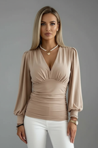 Women's V-Neck Blouse with Ruched Waist and Long Sleeves