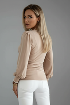 Women's V-Neck Blouse with Ruched Waist and Long Sleeves
