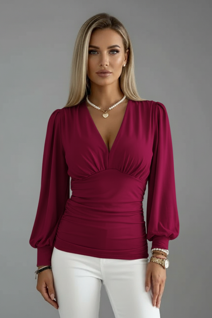 Women's V-Neck Blouse with Ruched Waist and Long Sleeves