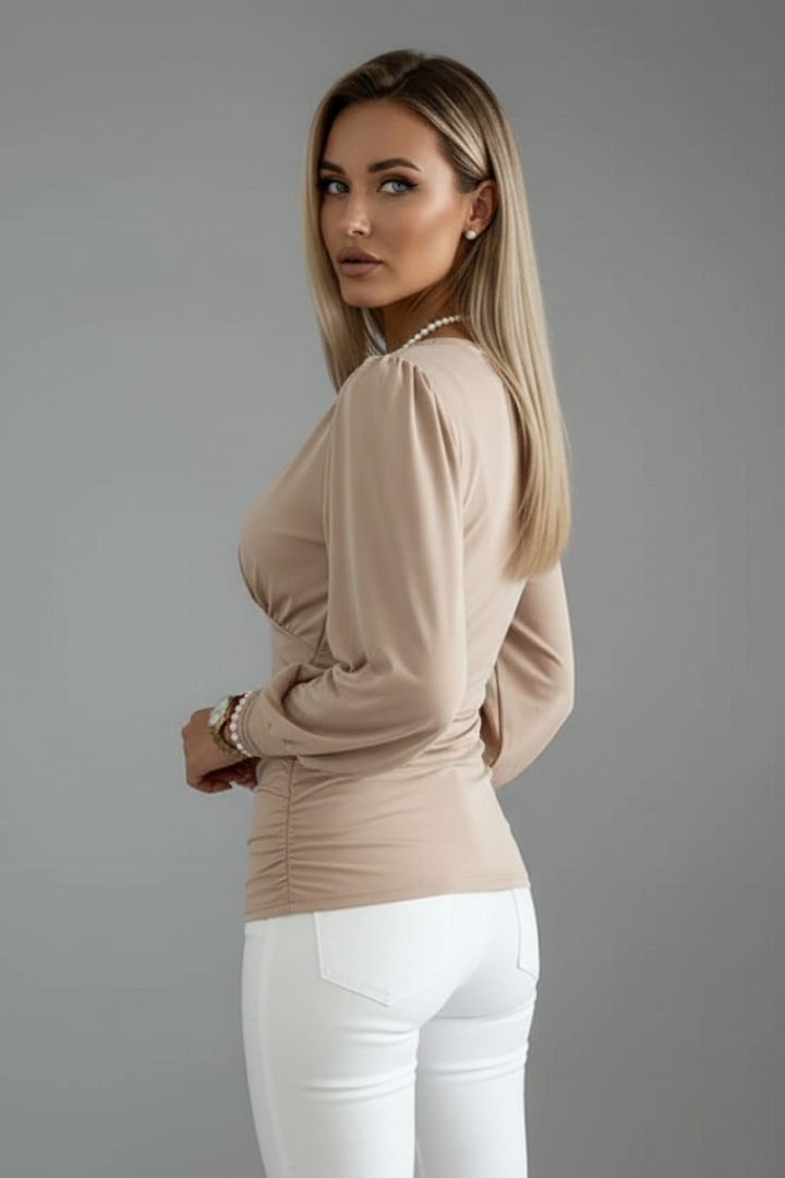 Women's V-Neck Blouse with Ruched Waist and Long Sleeves