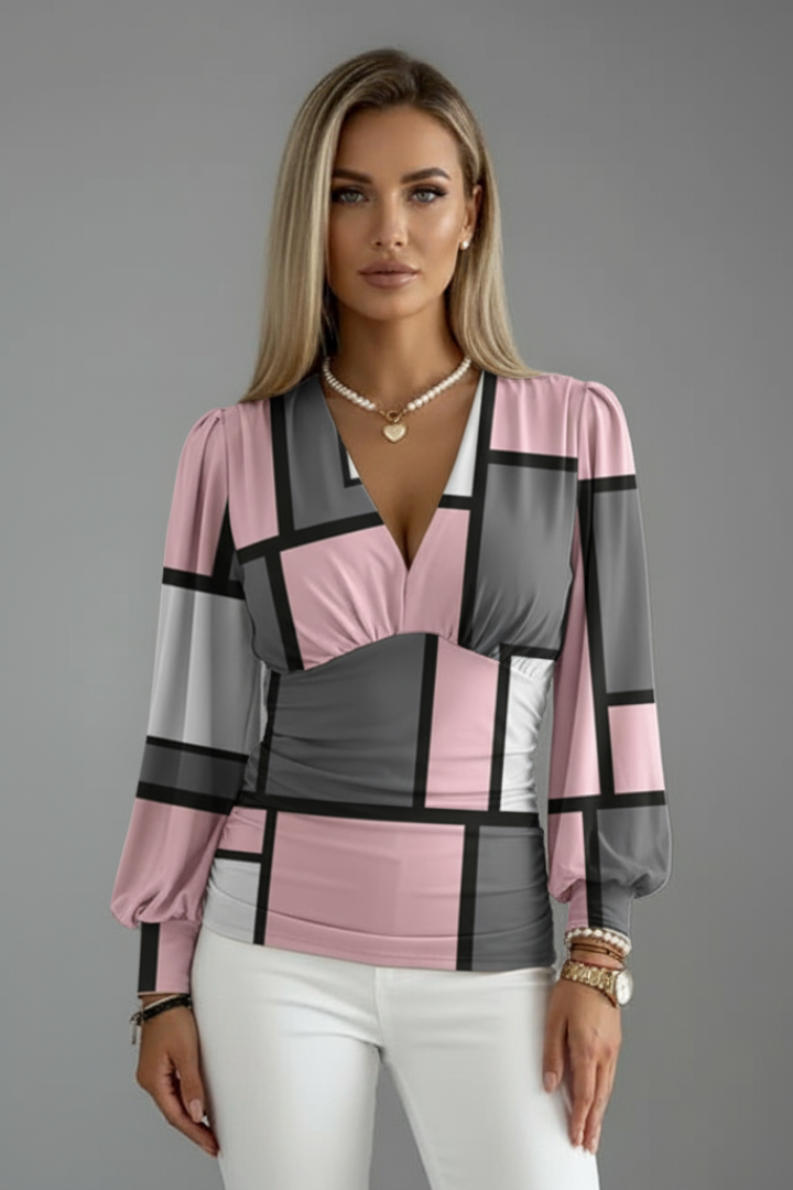 Women's V-Neck Blouse with Ruched Waist and Long Sleeves