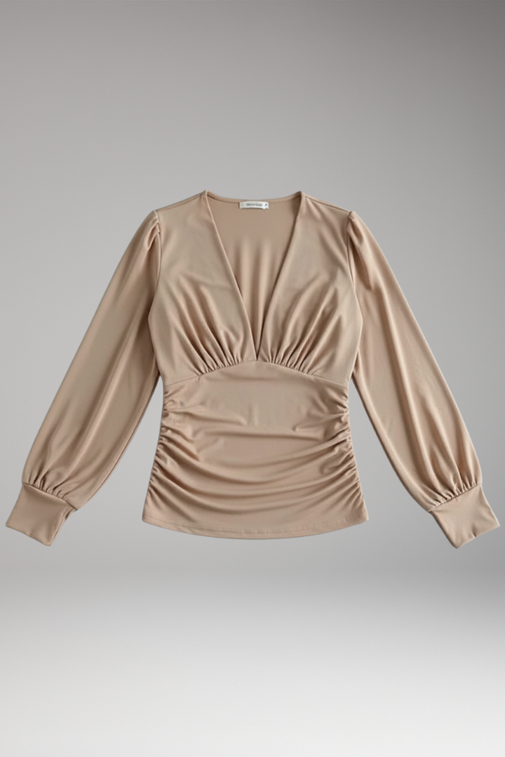 Women's V-Neck Blouse with Ruched Waist and Long Sleeves