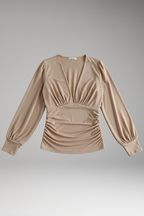 Women's V-Neck Blouse with Ruched Waist and Long Sleeves