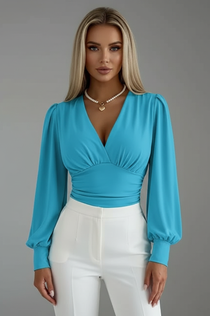 Women's V-Neck Blouse with Ruched Waist and Long Sleeves