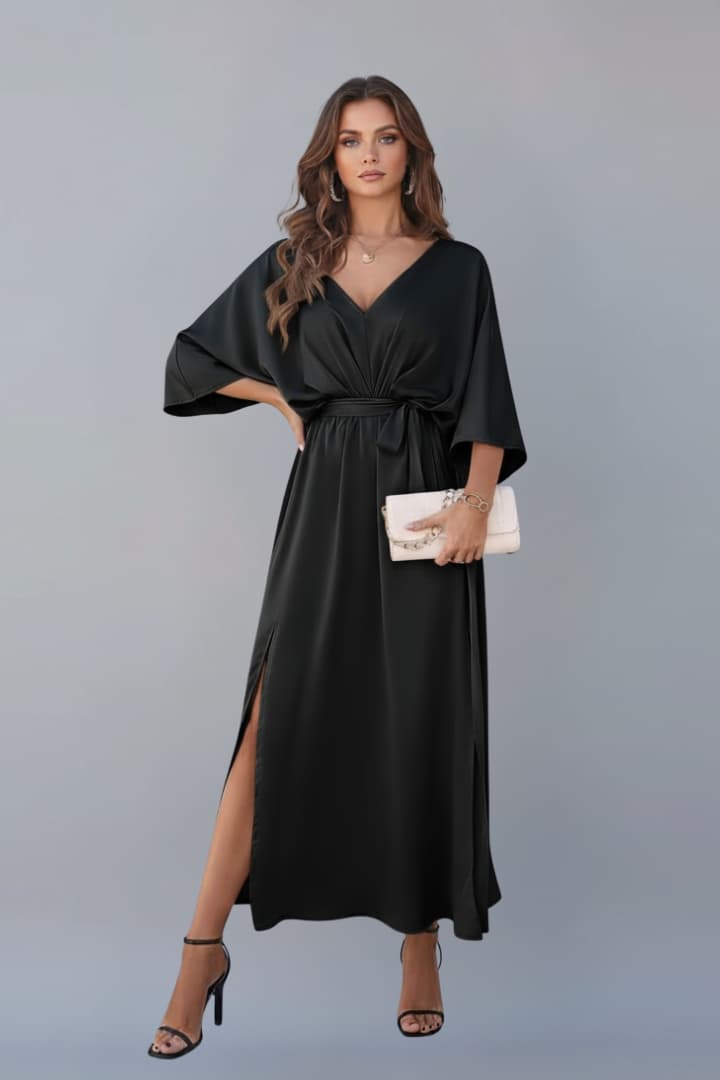 Women's V-Neck Dress with Waist Tie and Side Slit