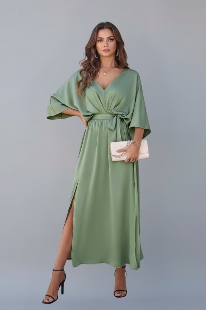 Women's V-Neck Dress with Waist Tie and Side Slit