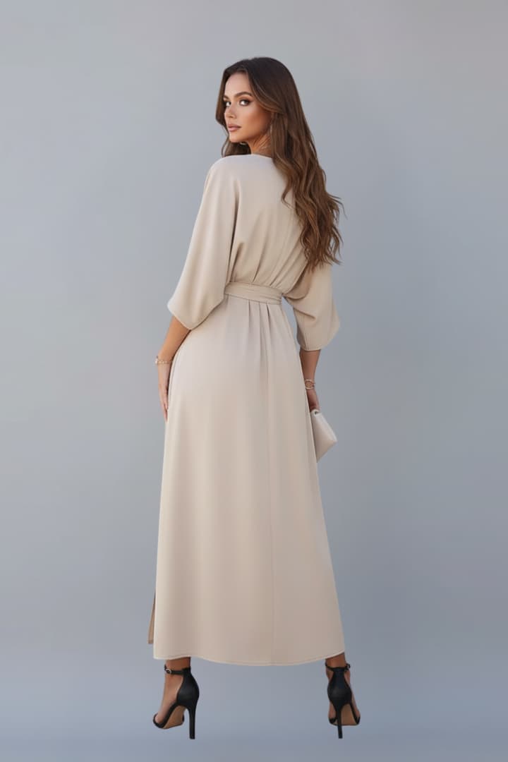 Women's V-Neck Dress with Waist Tie and Side Slit