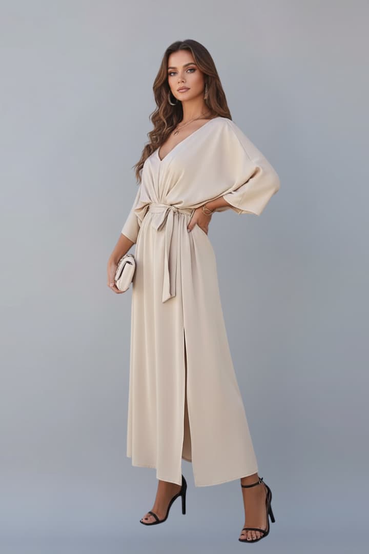 Women's V-Neck Dress with Waist Tie and Side Slit