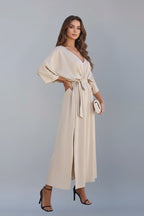 Women's V-Neck Dress with Waist Tie and Side Slit