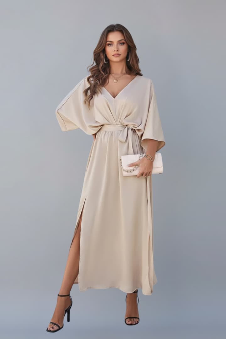 Women's V-Neck Dress with Waist Tie and Side Slit