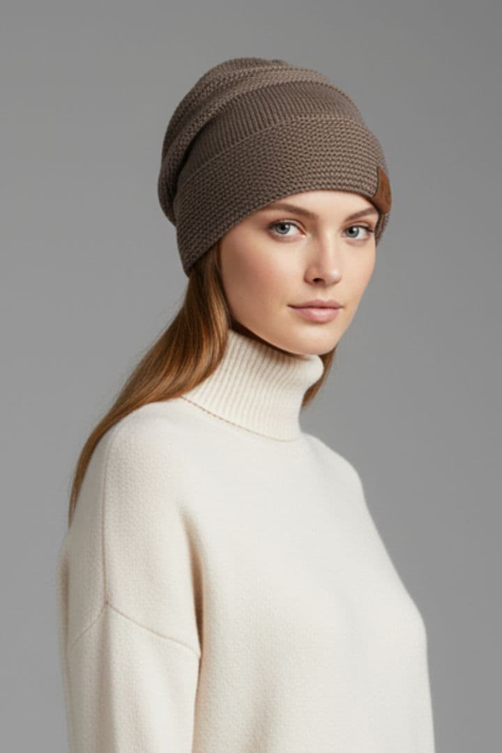Women's Winter Beanie with Fleece Lining and Ribbed Knit Texture