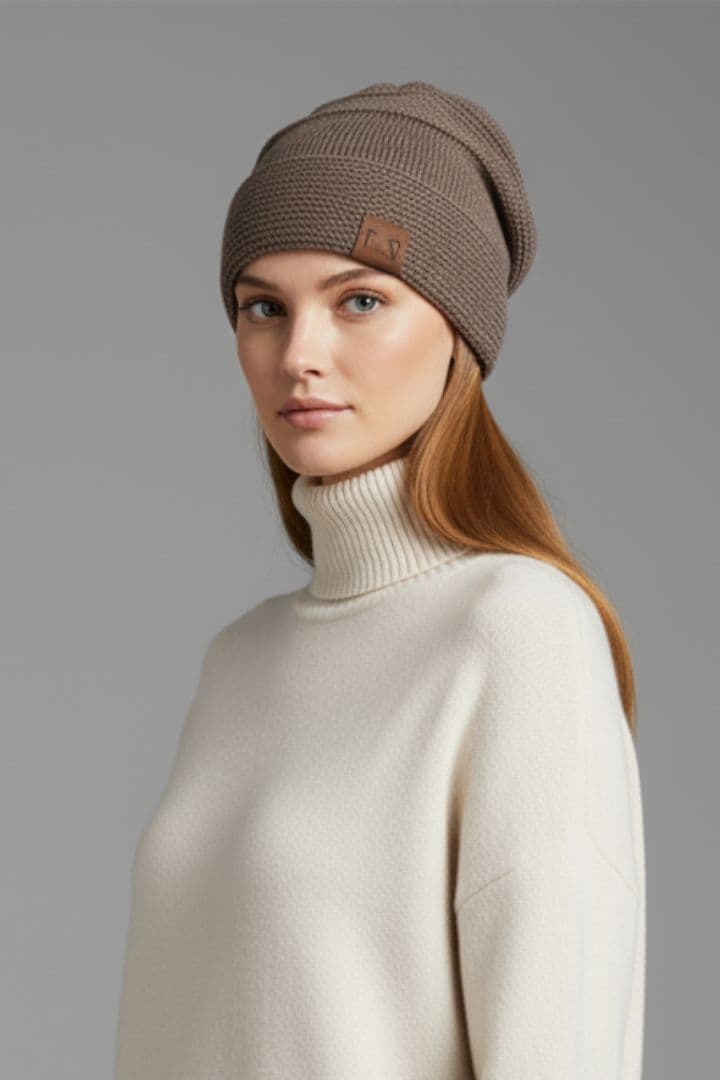 Women's Winter Beanie with Fleece Lining and Ribbed Knit Texture