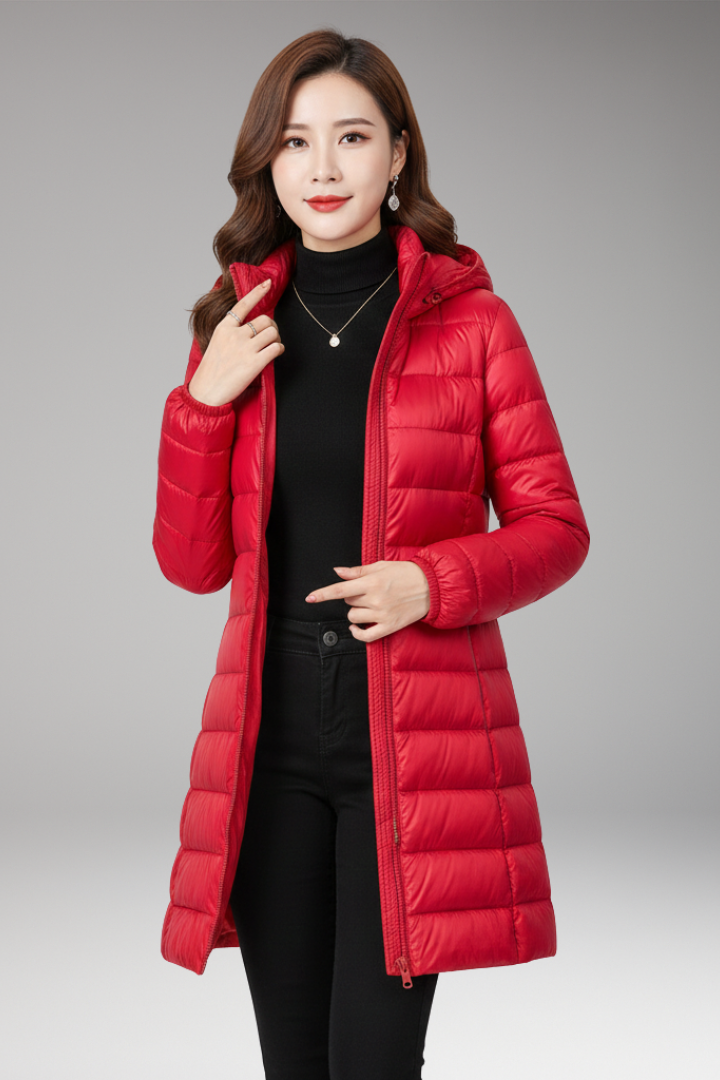 Women's Winter Jacket with Hood and Quilted Hem