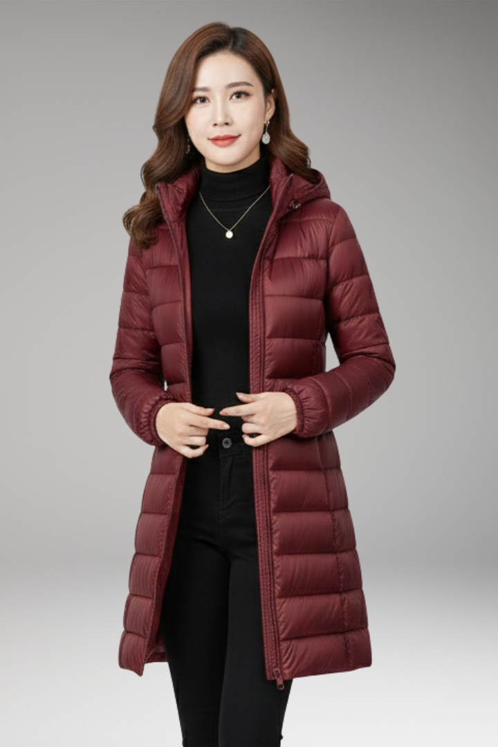 Women's Winter Jacket with Hood and Quilted Hem