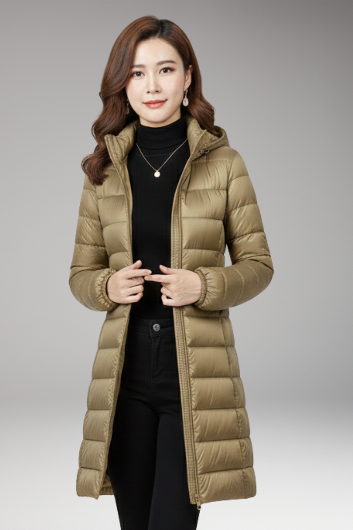 Women's Winter Jacket with Hood and Quilted Hem