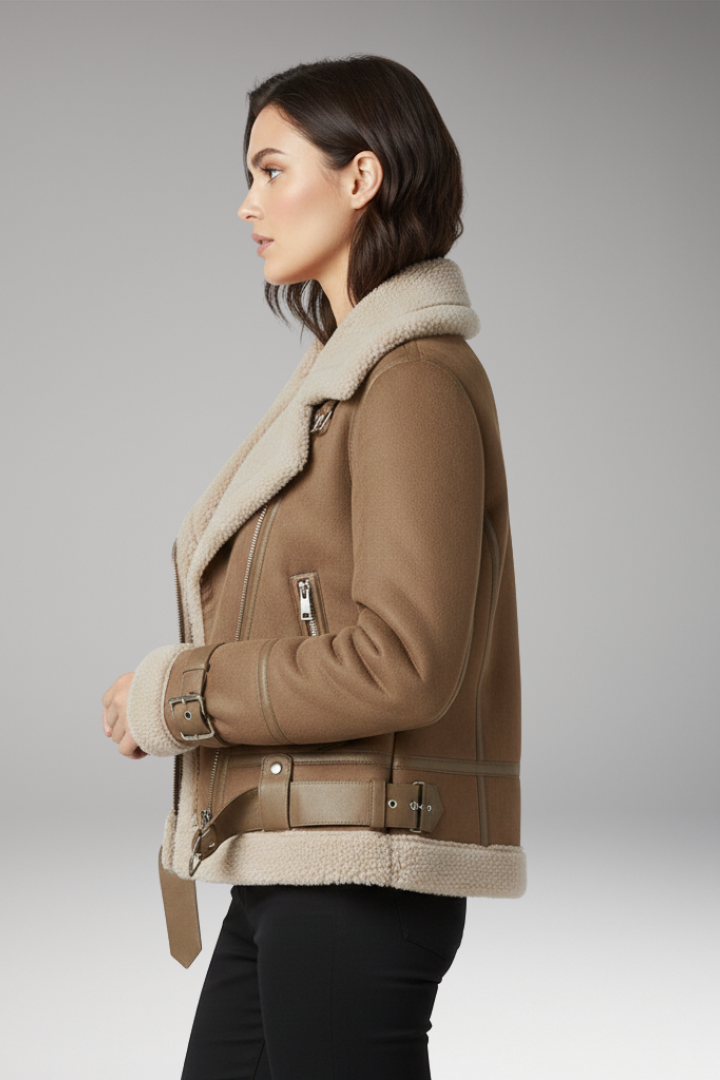 Women's Zip Jacket with Plush Lining and Adjustable Hem Belt