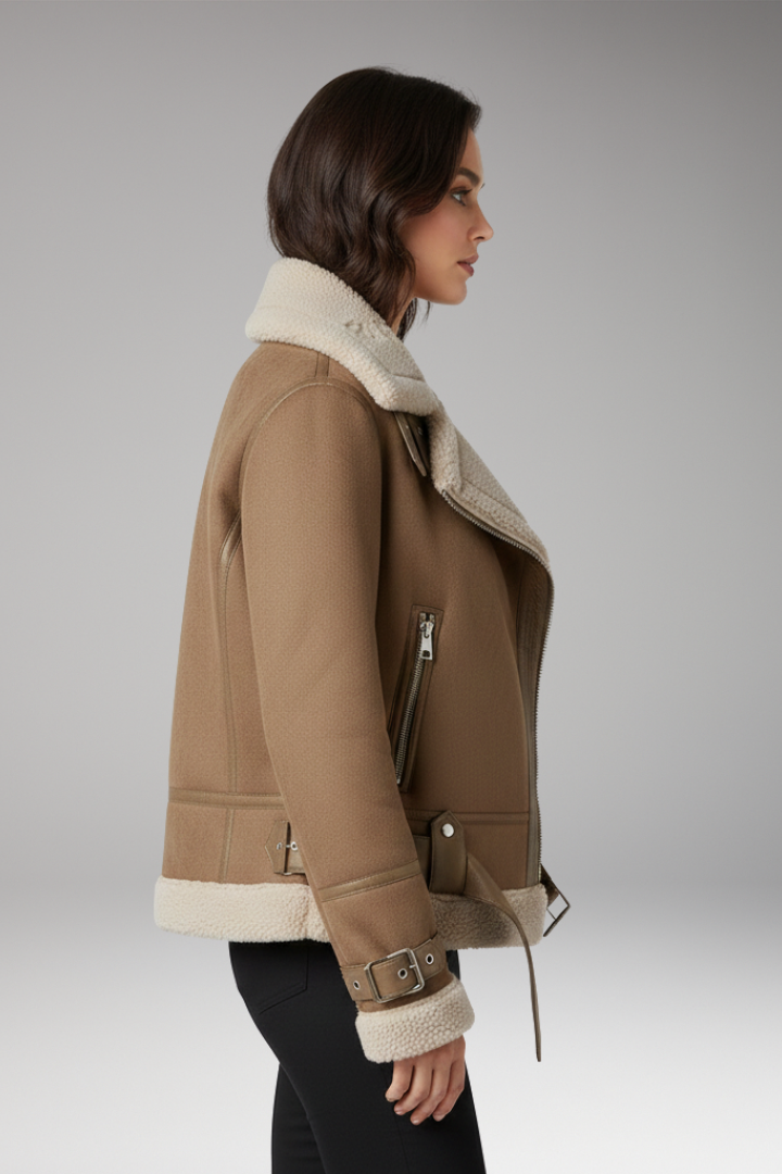 Women's Zip Jacket with Plush Lining and Adjustable Hem Belt