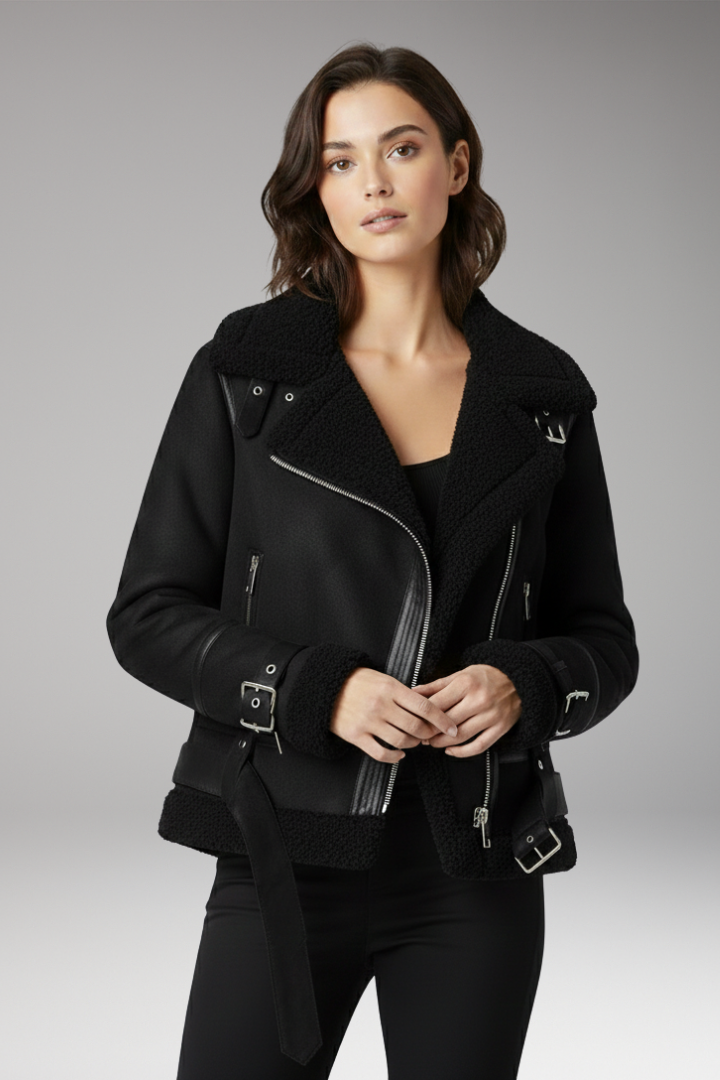 Women's Zip Jacket with Plush Lining and Adjustable Hem Belt