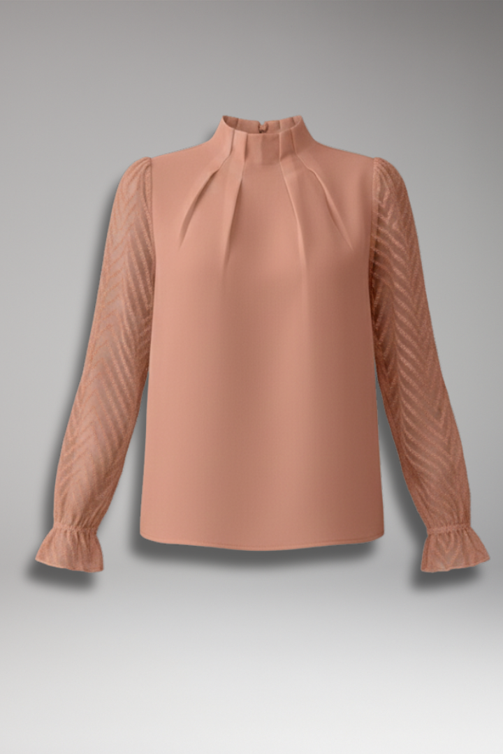 Women's Blouse with Pleated Collar and Sheer Sleeves