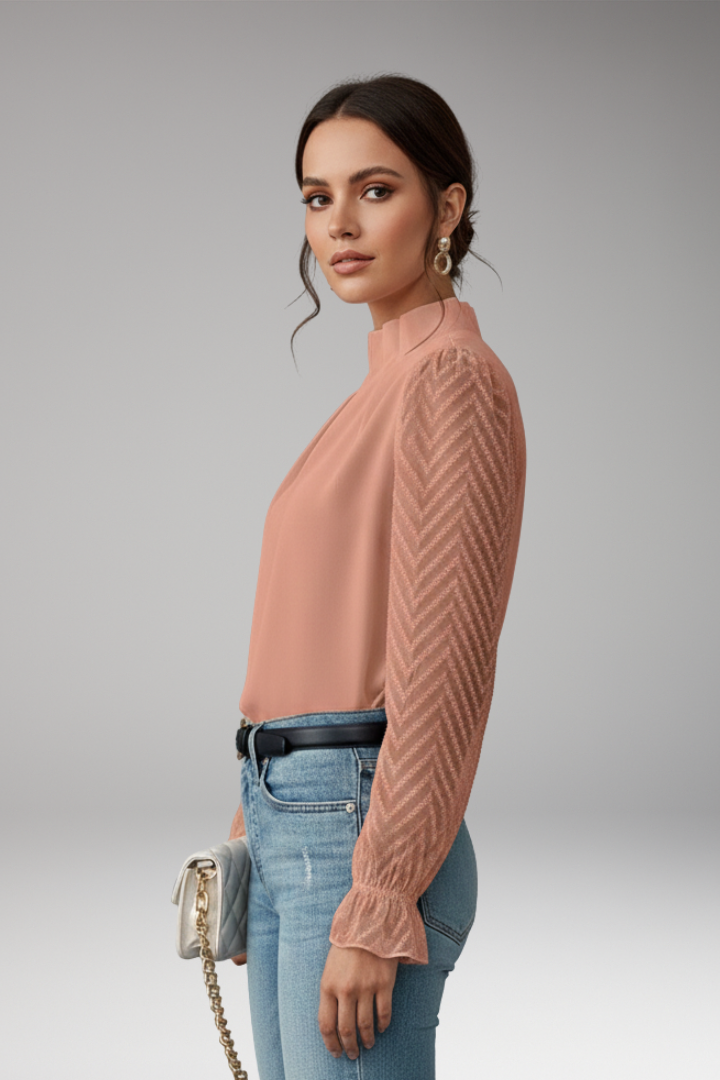 Women's Blouse with Pleated Collar and Sheer Sleeves