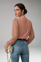 Women's Blouse with Pleated Collar and Sheer Sleeves