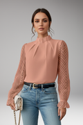 Women's Blouse with Pleated Collar and Sheer Sleeves