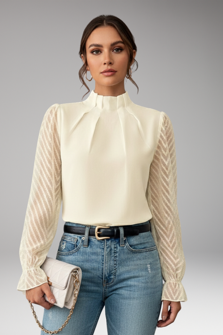 Women's Blouse with Pleated Collar and Sheer Sleeves