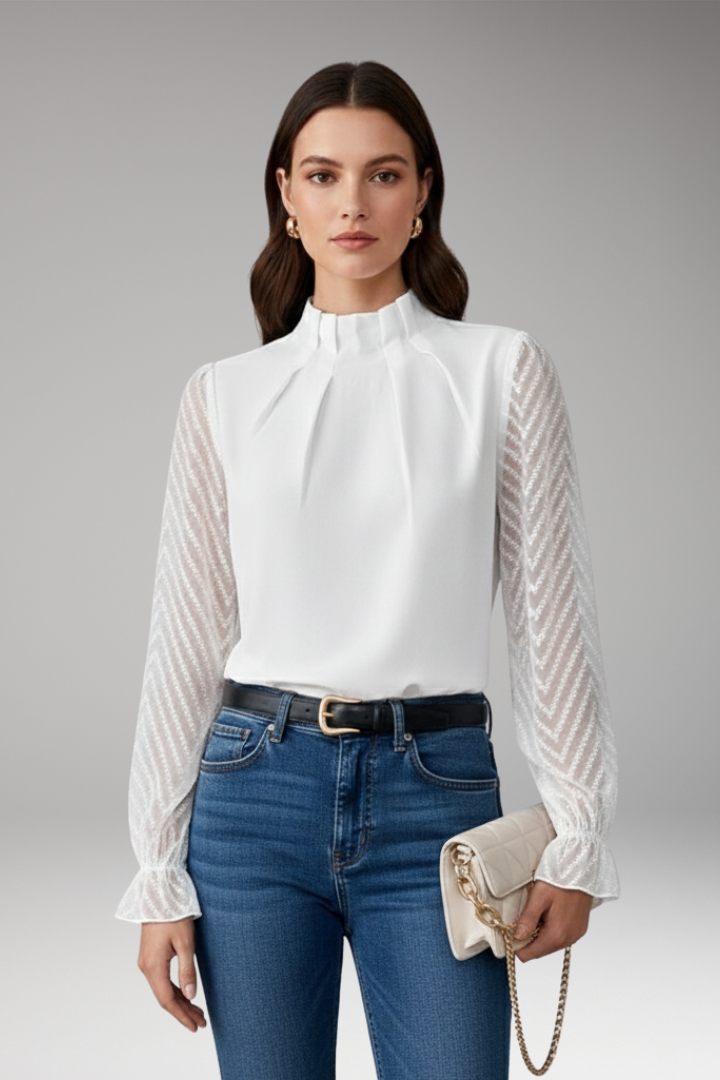 Women's Blouse with Pleated Collar and Sheer Sleeves