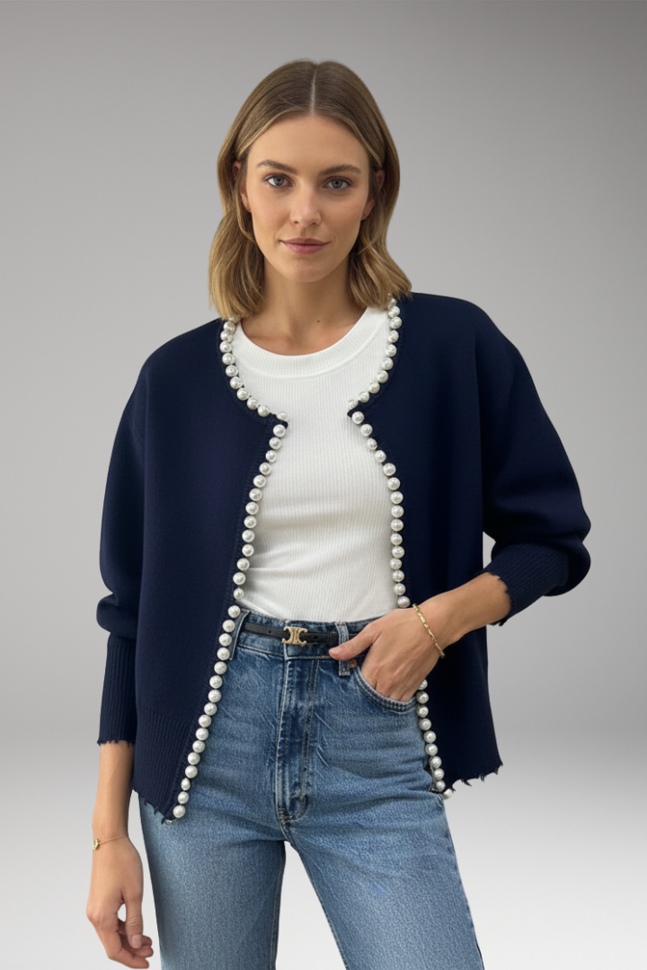 Women's Cardigan with Pearl Trim and Raw Hem