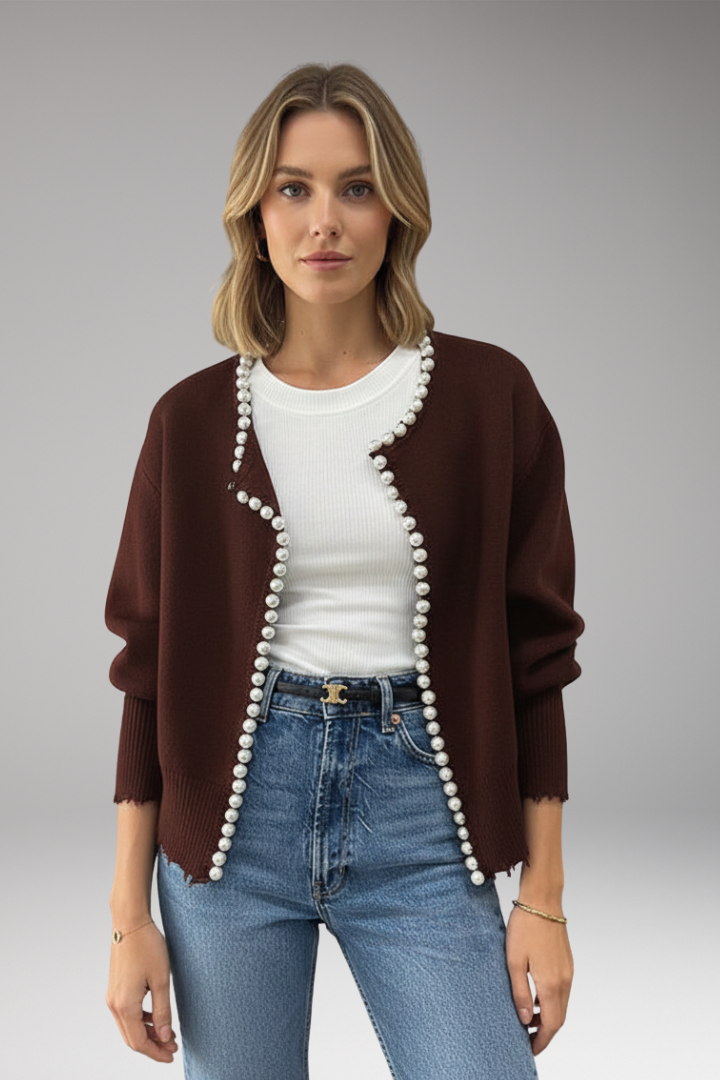 Women's Cardigan with Pearl Trim and Raw Hem