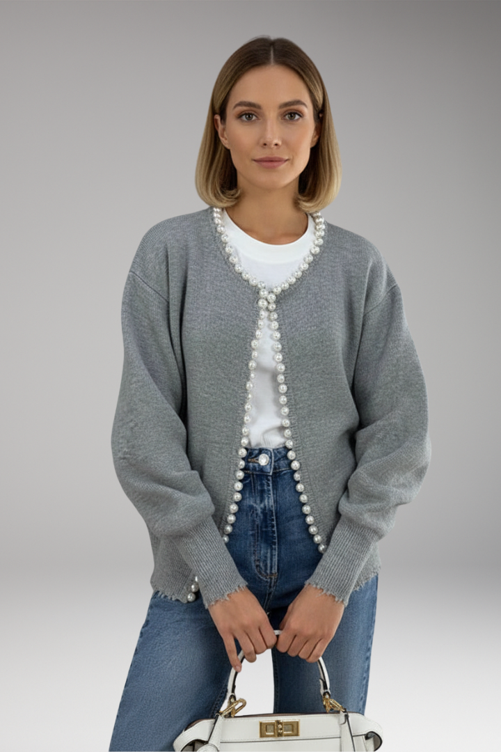 Women's Cardigan with Pearl Trim and Raw Hem