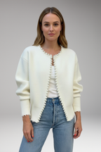 Women's Cardigan with Pearl Trim and Raw Hem