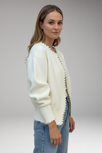 Women's Cardigan with Pearl Trim and Raw Hem