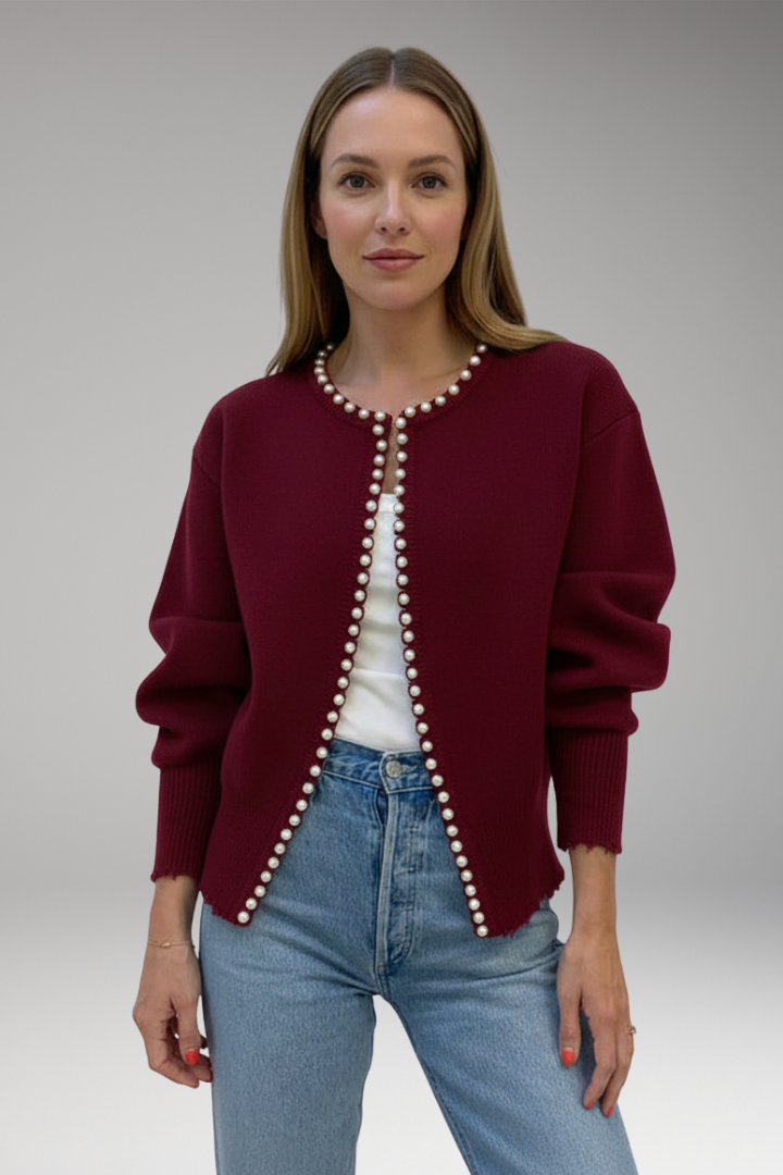 Women's Cardigan with Pearl Trim and Raw Hem
