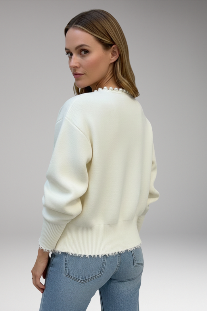 Women's Cardigan with Pearl Trim and Raw Hem