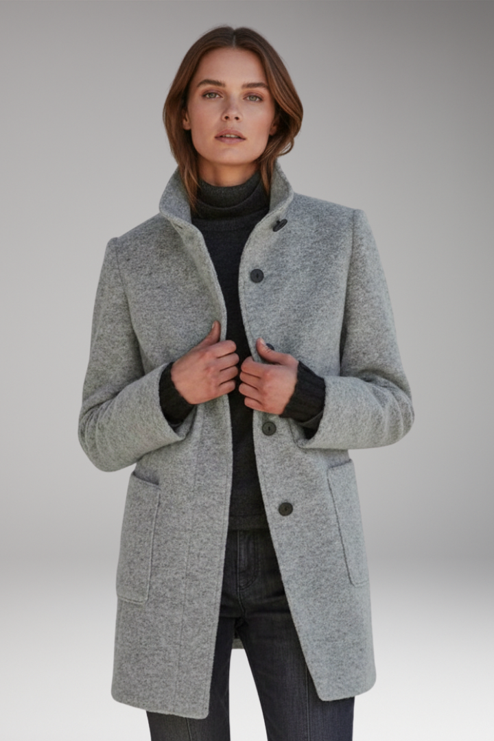 Women's Coat with High Collar and Button Closure