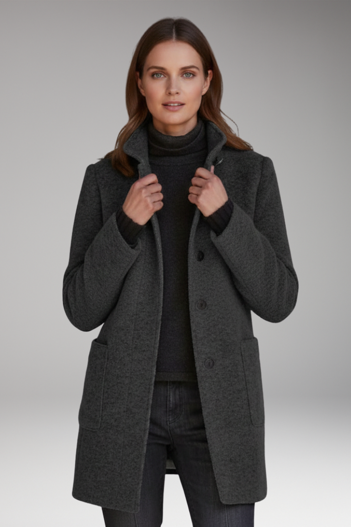Women's Coat with High Collar and Button Closure