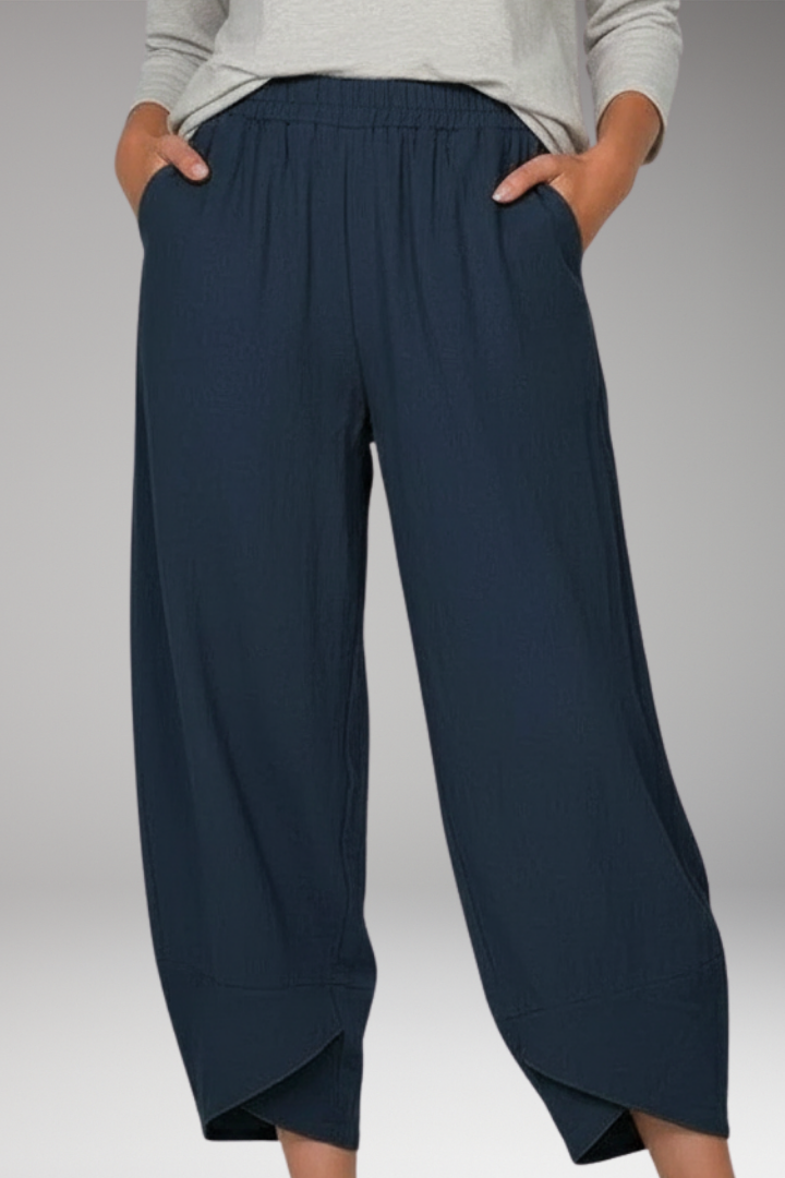 Women's Cropped Pants with Overlapping Hem and Side Pockets