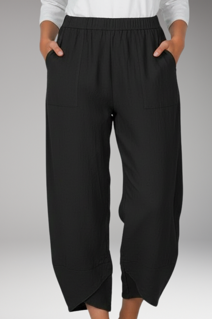 Women's Cropped Pants with Overlapping Hem and Side Pockets