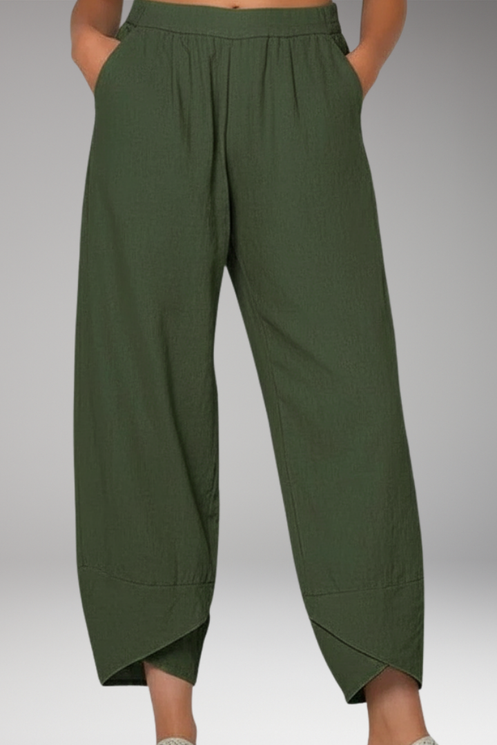 Women's Cropped Pants with Overlapping Hem and Side Pockets