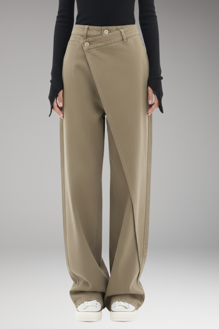 Women's Dress Pants with Asymmetrical Layer and Wide Legs