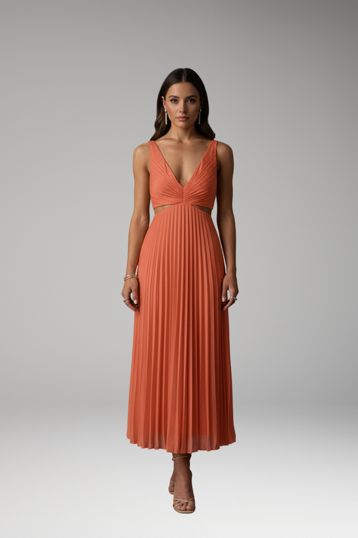 Women's Dress with V-Neckline and Pleated Skirt